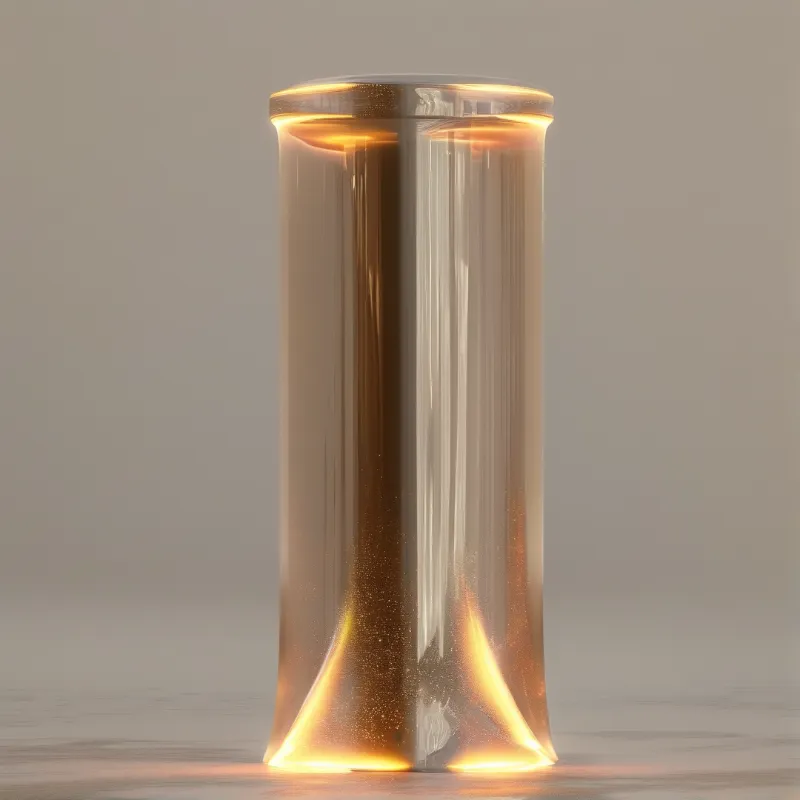 A vertical translucent cylinder glows with warm amber light near the top and bottom edges against a neutral beige background.