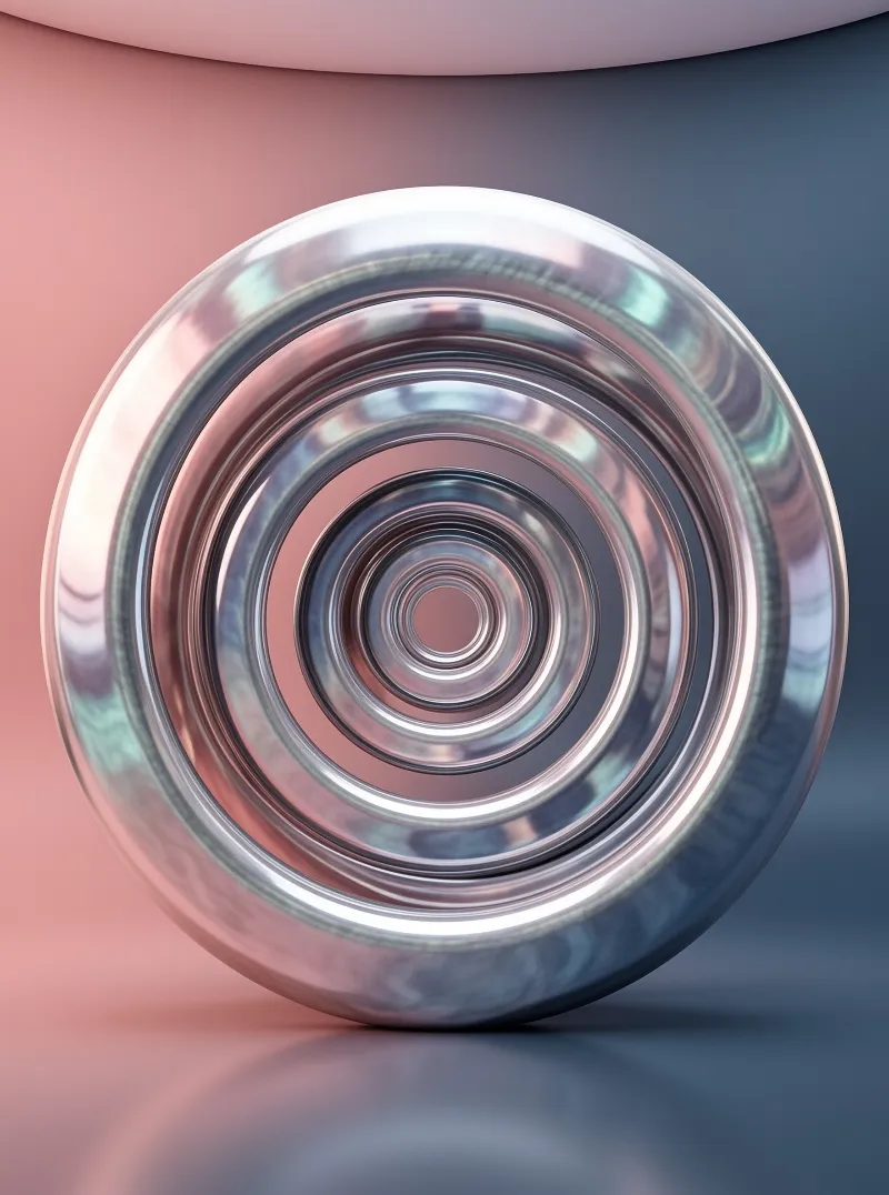 A shiny chrome turbine disk sits centered against a two-tone background of pink and blue with soft lighting.