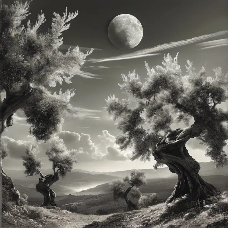 Gnarled trees surround a bright full moon in a grayscale scene of rolling hills and scattered clouds under a dark sky.