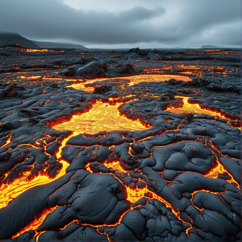 Bright orange molten streams wind through dark solidified volcanic rock beneath a heavy grey overcast sky.