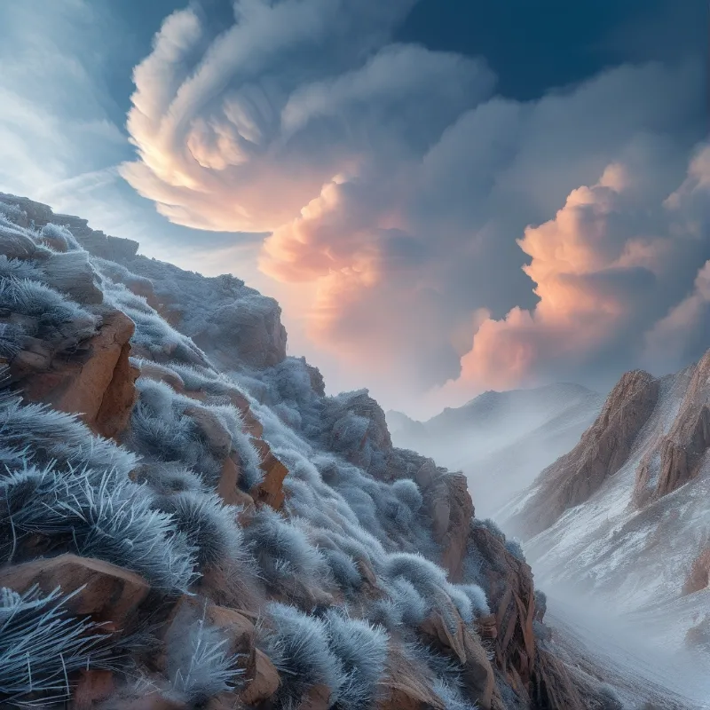 Rugged mountain peaks coated in thick white frost stand beneath a sky filled with swirling pink and blue clouds.