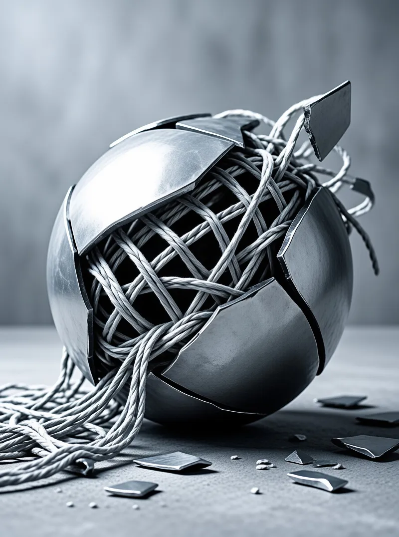 A cracked metal ball rests on a grey surface, revealing twisted wire ropes and scattered shards under studio lighting.