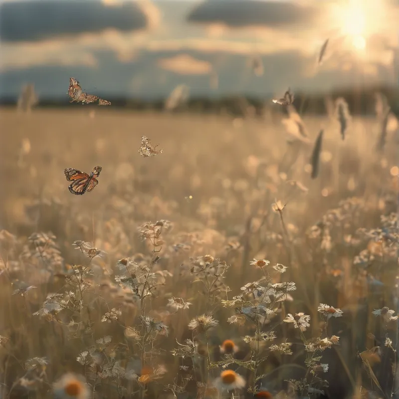 Several patterned butterflies hover above a sunlit meadow of dry grass and white wildflowers near sunset.