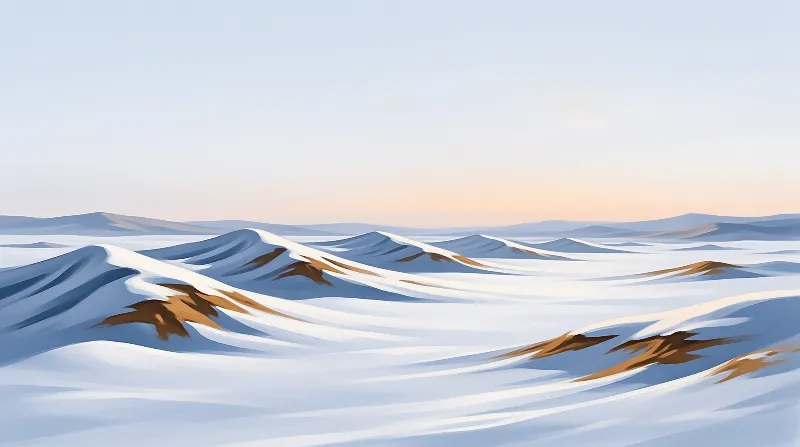 A wide landscape of snowy desert dunes with patches of exposed brown earth under a soft pale sky.