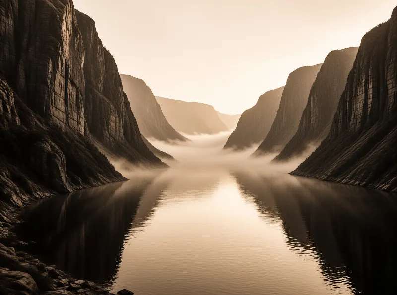 Steep rocky mountains flank a calm lake where low fog drifts across the surface reflecting soft light.