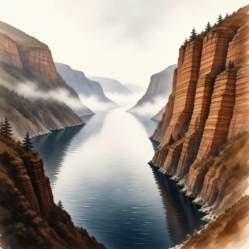 Tall red rock walls with terraced layers frame a calm blue lake as fog drifts through the narrow valley.