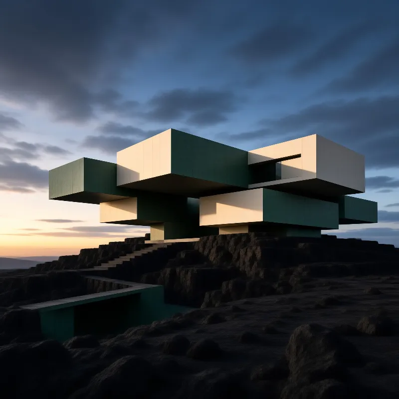 A modern building with green and white panels rises above dark rocky terrain beneath a dramatic cloudy sky.