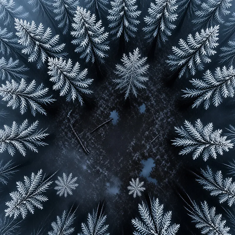 Intricate white ice ferns spread across a dark blue window pane showing a cold winter atmosphere.