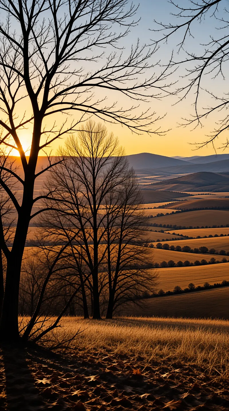 Dark leafless branches frame rolling hills bathed in warm orange light during the evening.