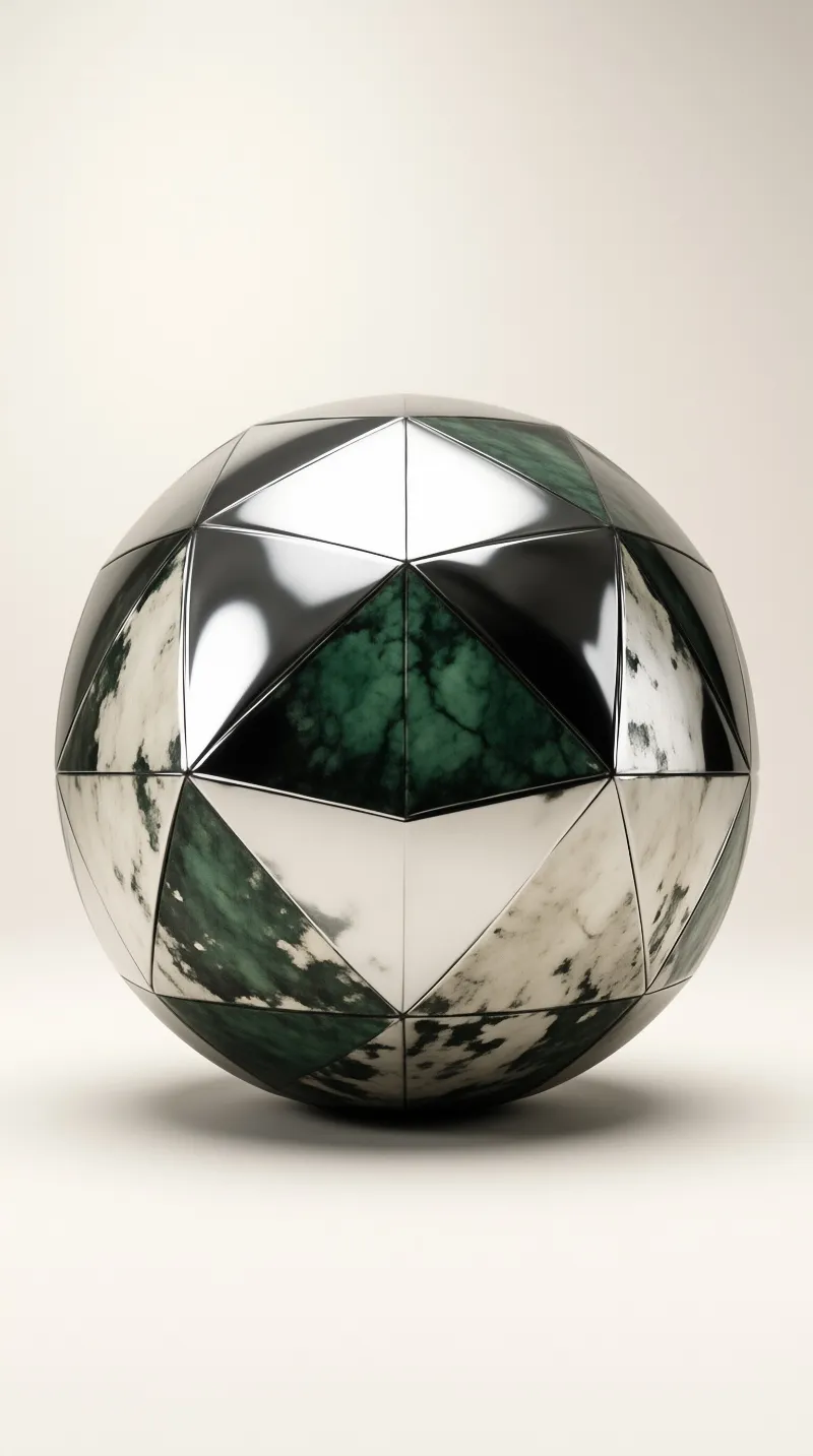 A low polygon sphere with green marble and metallic facets sits centered on a plain light background with soft lighting.