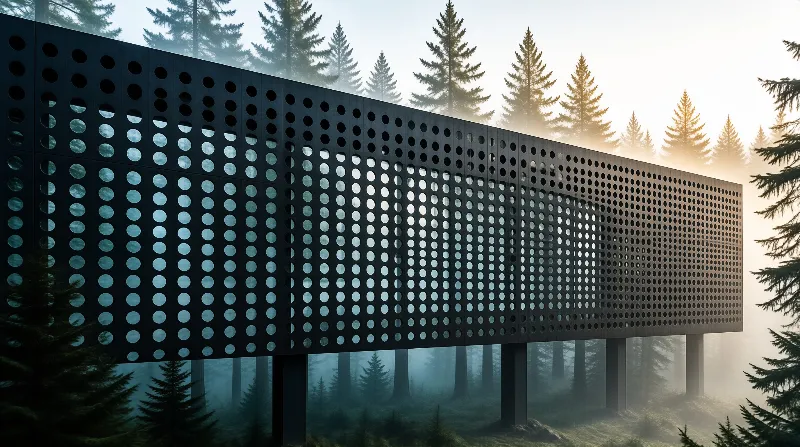 Misty coniferous trees surround a large elevated perforated screen illuminated by golden morning light.