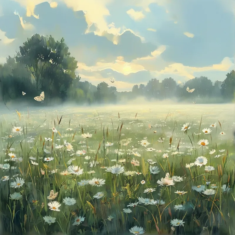 White daisies fill a grassy meadow while butterflies flutter above a misty tree line and warm sunlight glows in a blue sky.