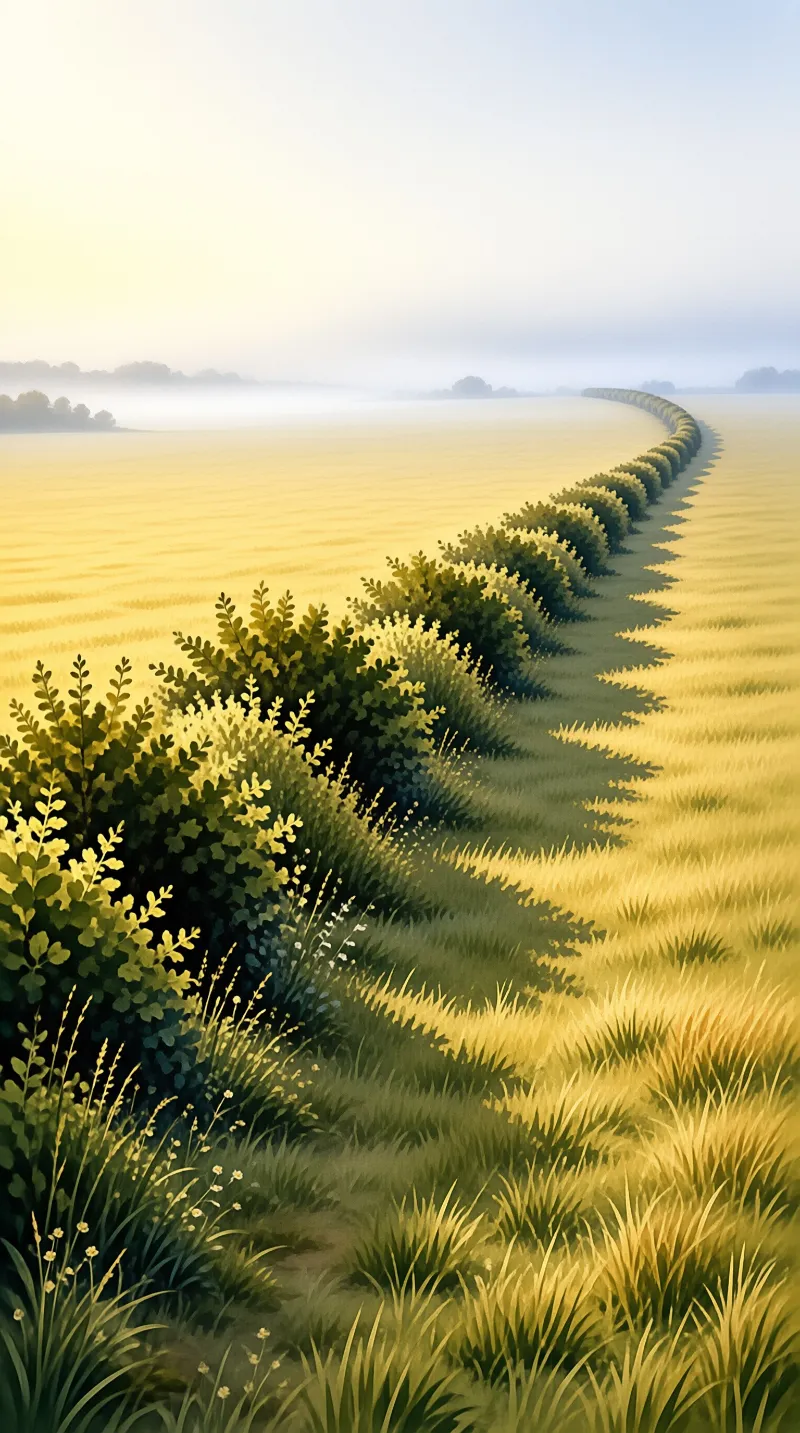 A long green hedge winds through a vast golden field bathed in soft morning light and distant fog.