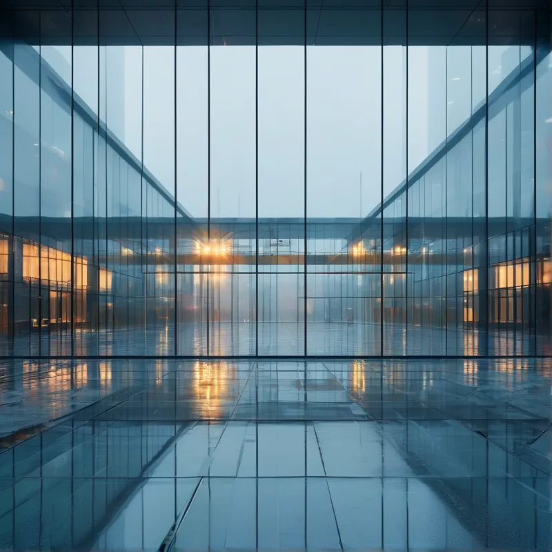 A modern glass atrium with reflective floors and vertical panels bathed in cool blue and warm golden lighting