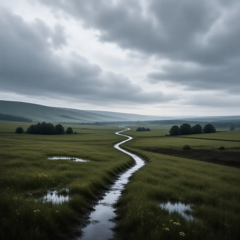 A narrow stream curves gracefully through an expansive grassy field under a heavy cloudy sky.