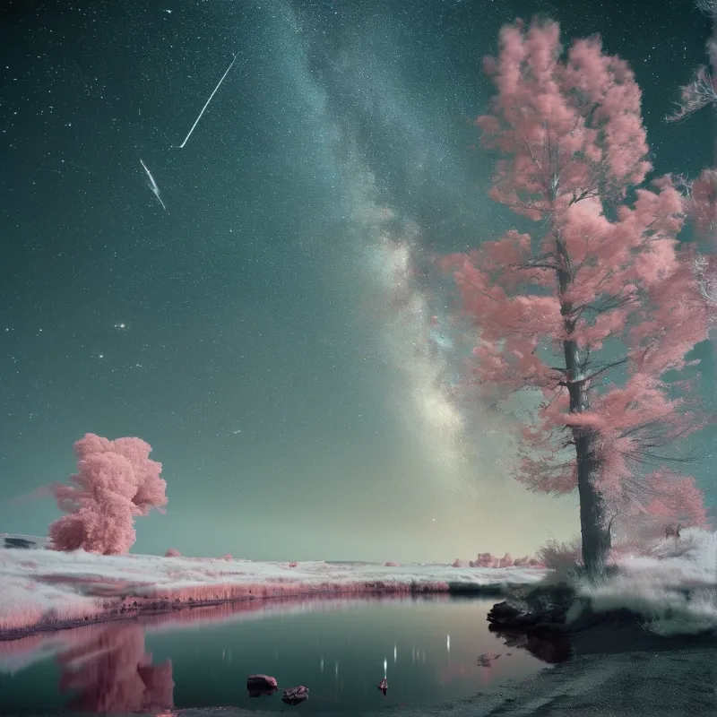 A vast night sky filled with countless lights hovers over a rugged alpine landscape.