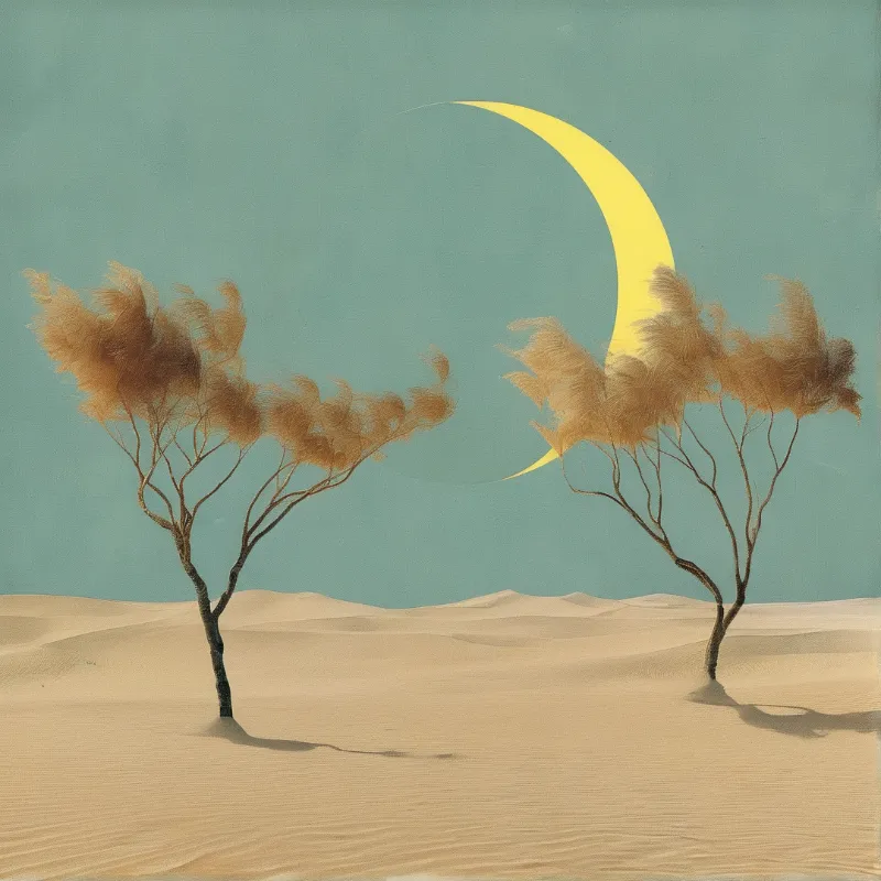 Two windbent trees with feathery crowns stand in sandy dunes beneath a bright yellow crescent moon against a teal sky.