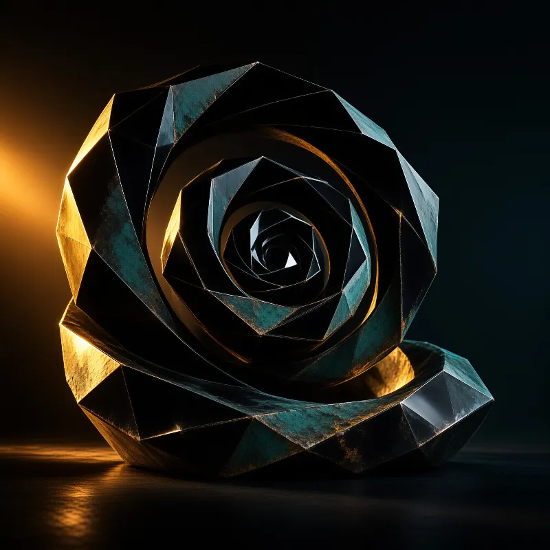 A dark faceted metal object shaped like a rose sits in shadow illuminated by a warm orange light source on the left.