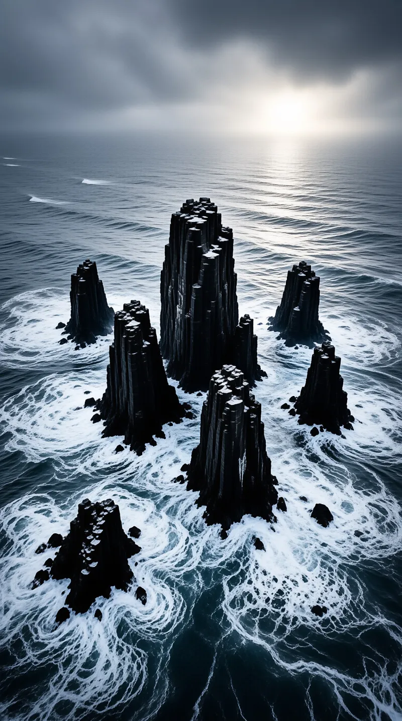 Several dark jagged rock formations rise from the deep blue sea as white foam circles around their bases beneath a cloudy sky with a bright light in the distance.