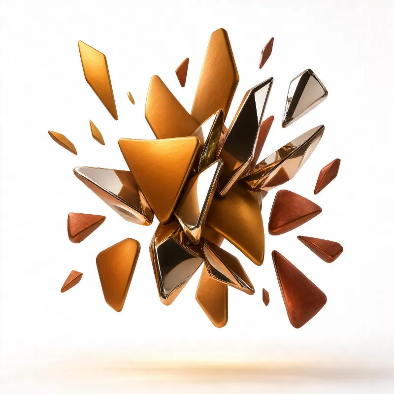 An arrangement of metallic fragmented geometric shapes in gold, bronze, and copper tones against a white background with soft illumination
