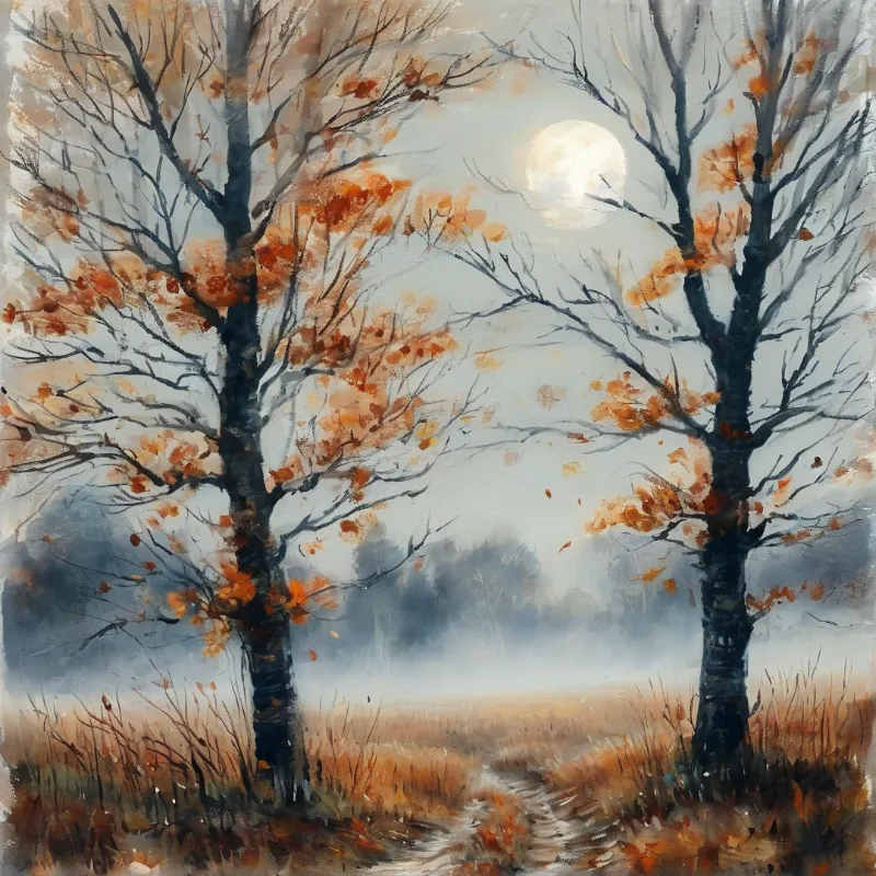 Two trees with orange leaves stand in a foggy field under a large pale moon in a soft watercolor painting.