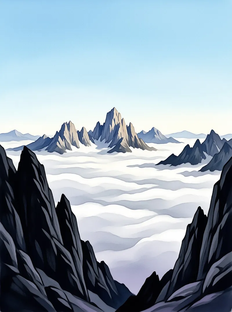Stylized illustration of jagged mountain summits protruding from a vast layer of white clouds under a clear blue sky.