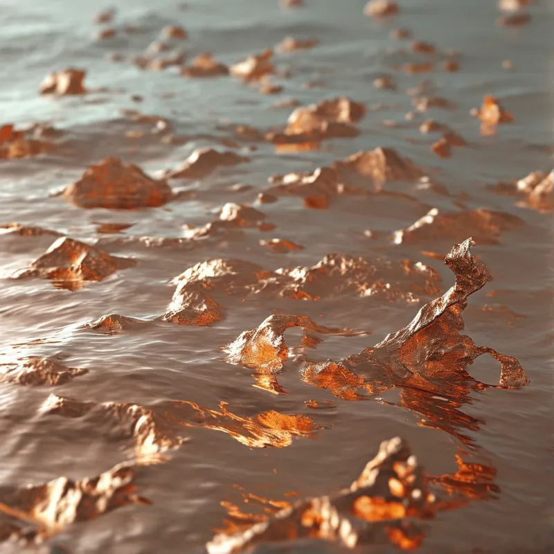 Rough jagged copper colored chunks rise from rippled dark metallic liquid in a close up abstract view