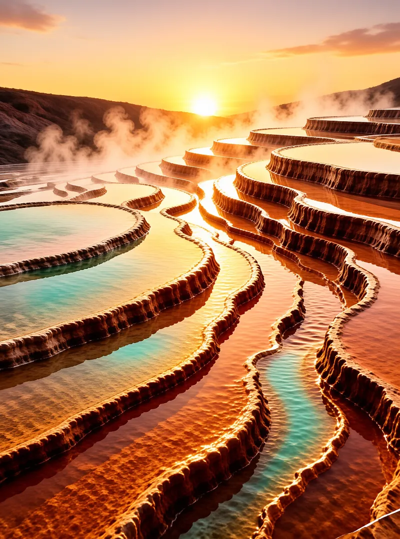 Steaming mineral pools form curved layers while a bright sun casts warm orange reflections across the water surface.