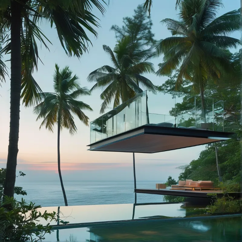 A sleek glass-walled villa platform cantilevers over a tropical pool, framed by coconut palms at soft dusk.