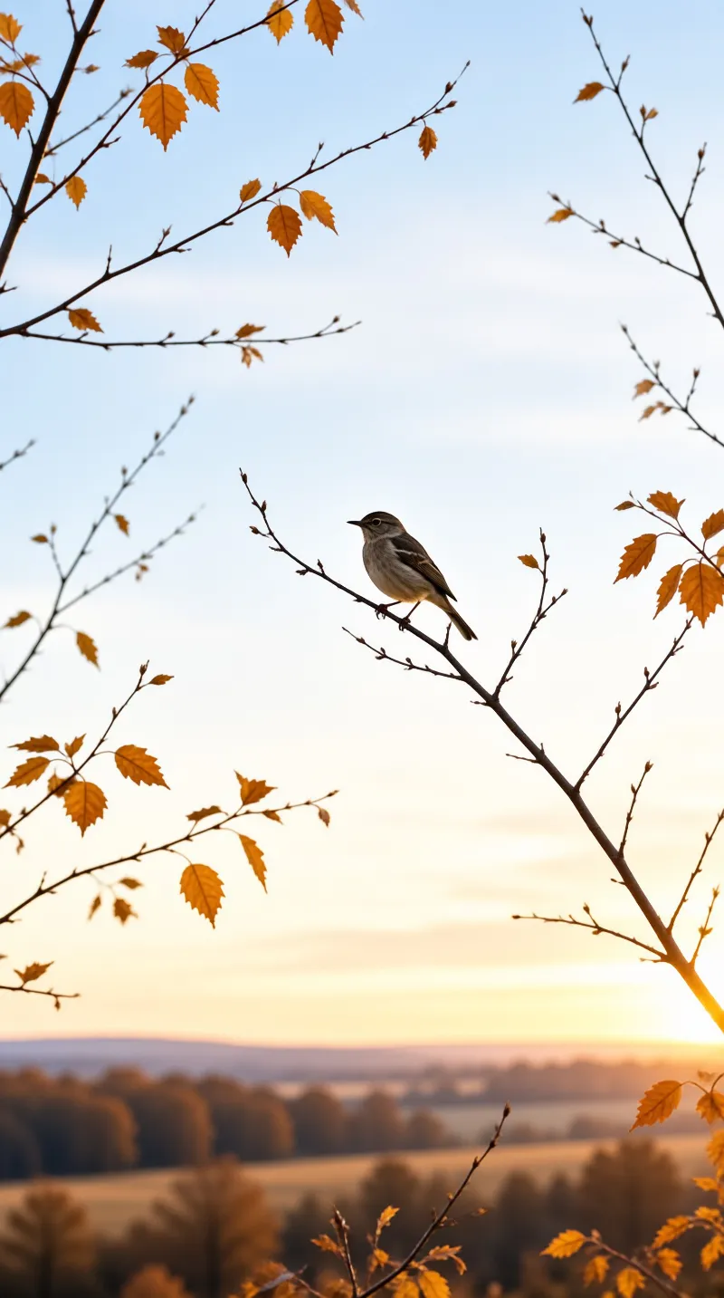 A small gray bird sits on a twig surrounded by orange foliage while the sun sets over a distant valley.