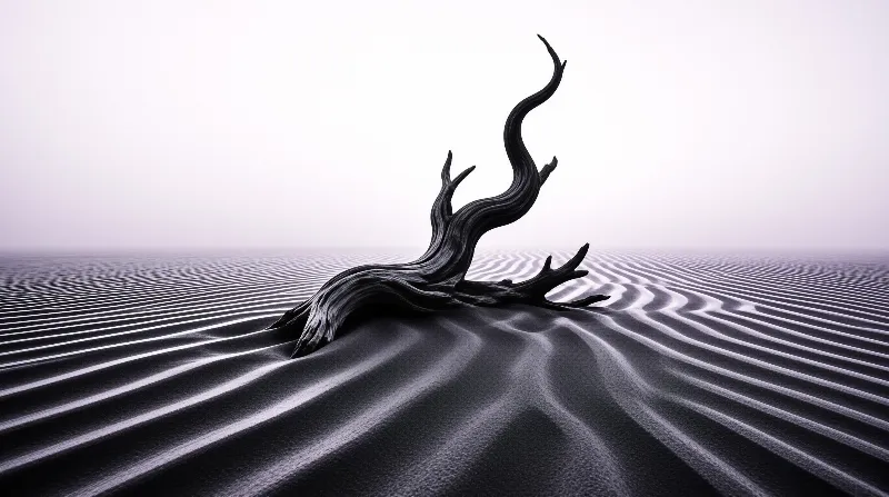 A weathered dark trunk lies across silvery sand ripples beneath a pale white sky in a minimalist barren landscape