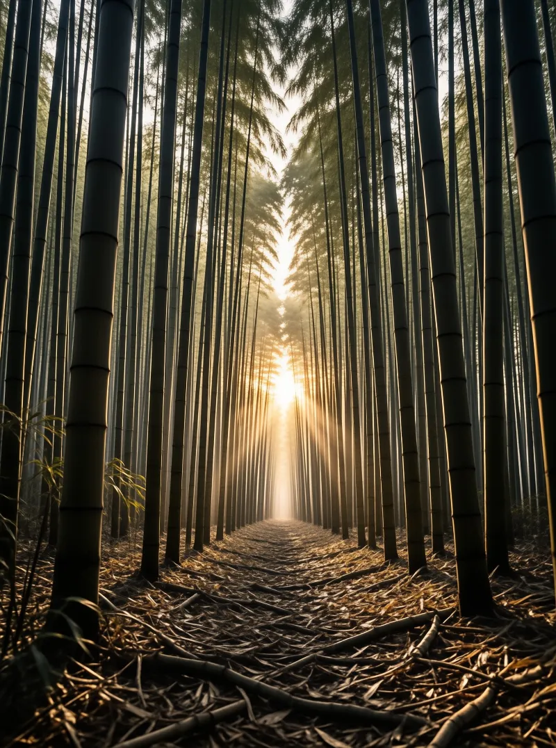 Tall bamboo stalks line a quiet path where golden sunlight filters through the dense canopy.