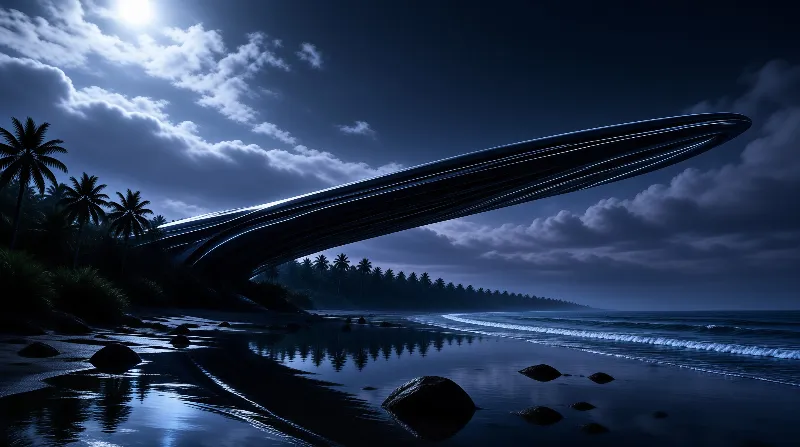 A sleek futuristic curve extends over a dark beach where moonlight reflects off the wet sand and ocean waves.