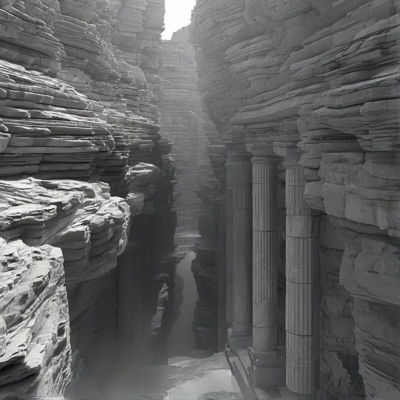 A view down a narrow chasm where large stone columns stand among layered rock walls near the water.