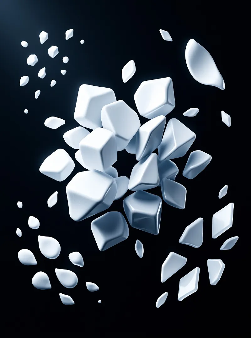 White cubes explode into a dark void with bright highlights defining their smooth angular forms and scattered fragments