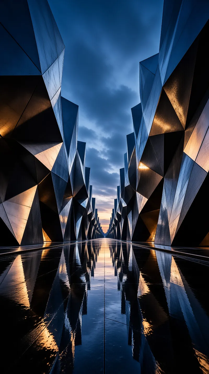 Angled metal walls glow amber and blue, doubling their forms in the rain slicked floor.