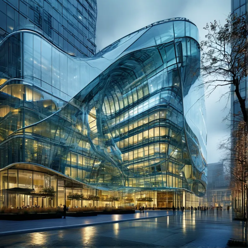 A sculpted glass facade glows with warm interior light as pedestrians cross a wet plaza at blue hour.