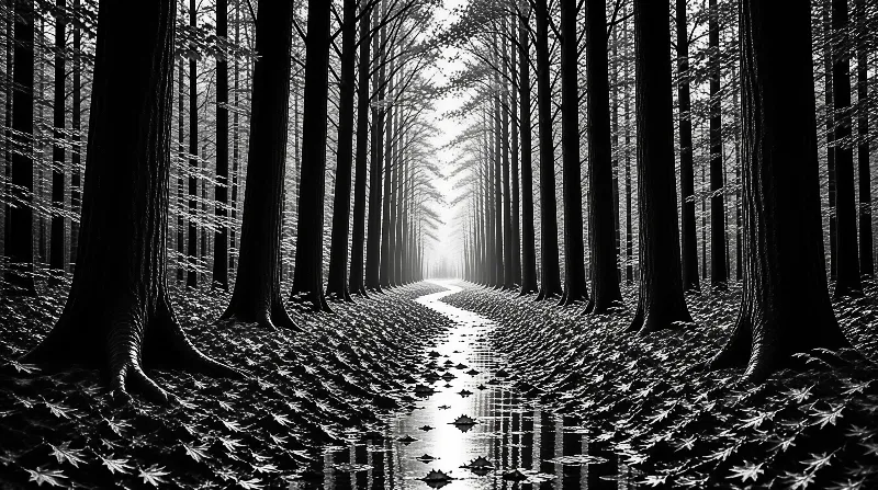 Black and white shot of a shallow stream running between neat rows of tall poplar trees fading into distant mist.