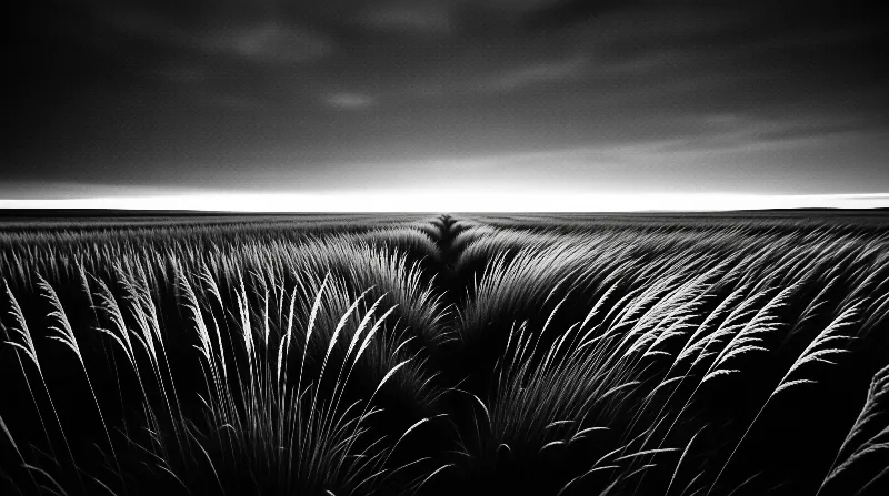 Endless rows of silvery prairie grass converge toward a flat horizon beneath a heavy dark cloud sky in monochrome tones.