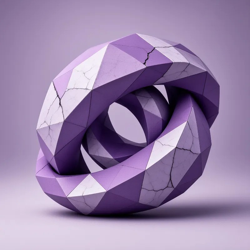 A faceted purple knot sculpture with cracked stone details rests on a lavender background under soft studio lighting.