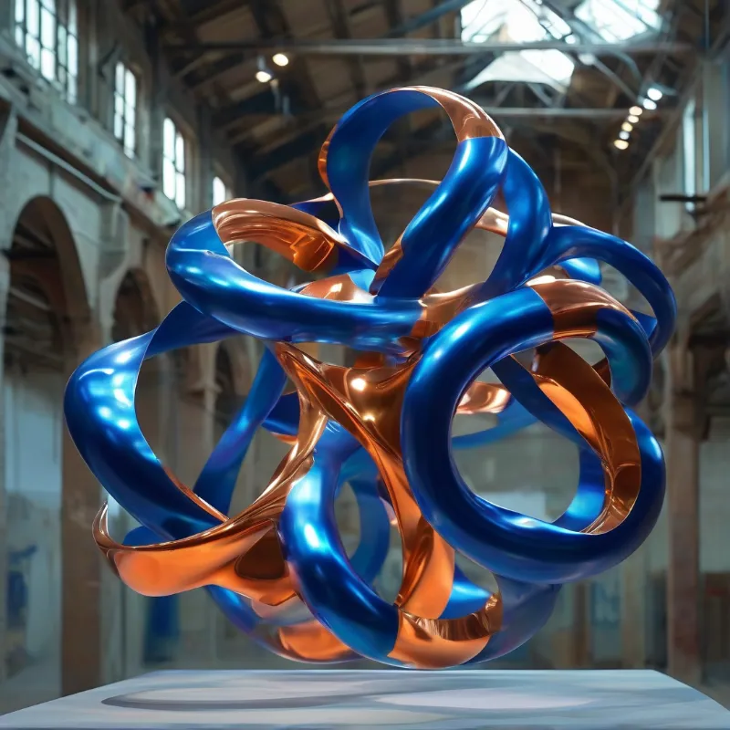Shiny blue and copper ribbons intertwine above a pedestal in a hall with high arched windows.