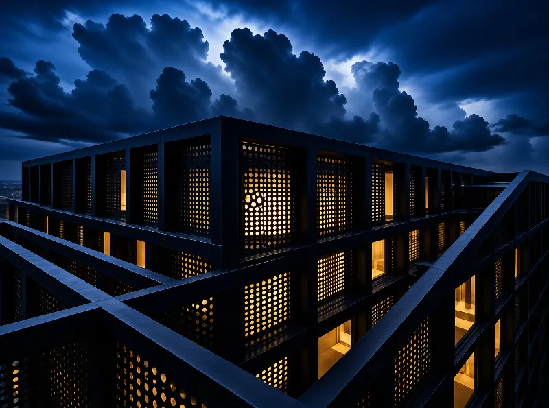 Grids of round openings glow from within a dark rectangular building as heavy evening cloud rolls overhead.