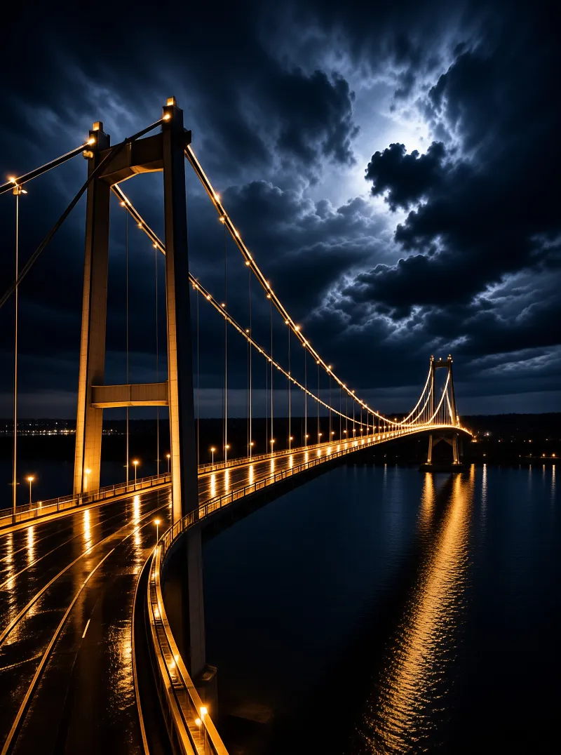 Large illuminated suspension bridge spans dark water with golden reflections beneath heavy storm clouds
