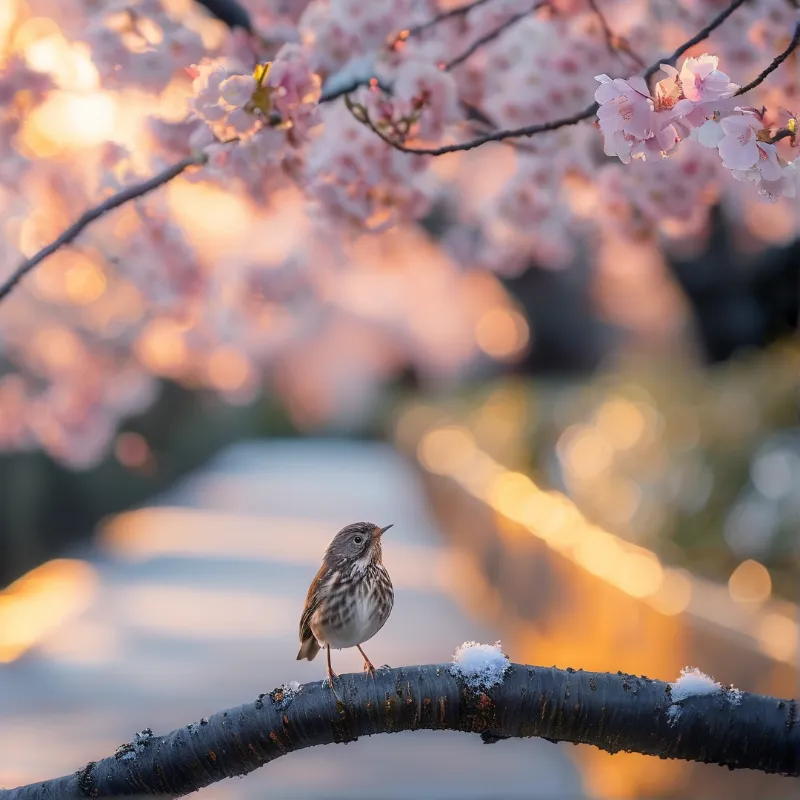 A small brown bird stands on a dark branch dotted with snow while pink cherry blossoms blur into the background under warm golden sunlight creating a soft dreamy atmosphere.