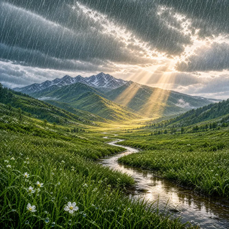 Rainy Mountain Valley with Sunbeams