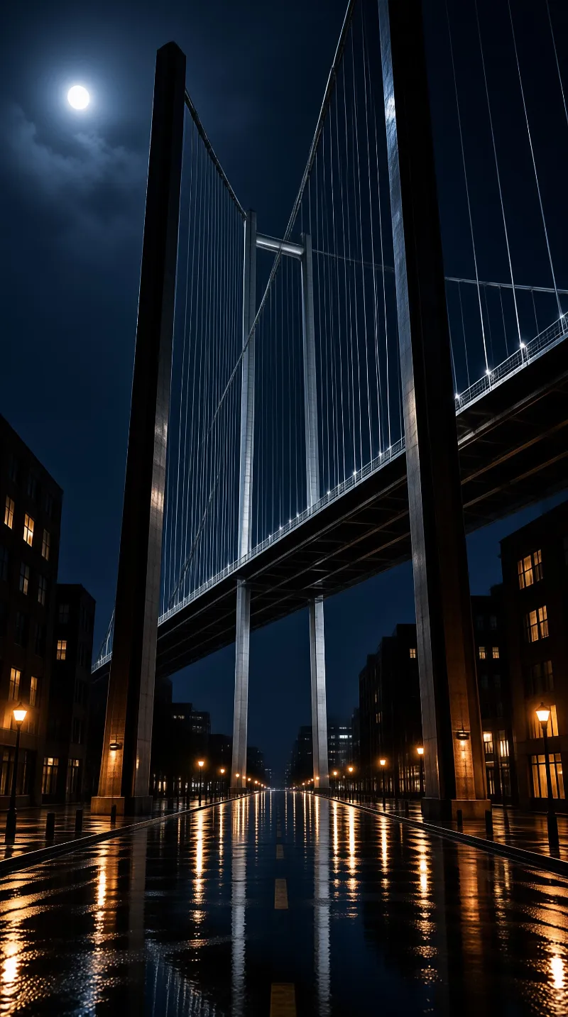 A massive suspension bridge rises above a rain-slicked urban street under a bright moonlit night sky.