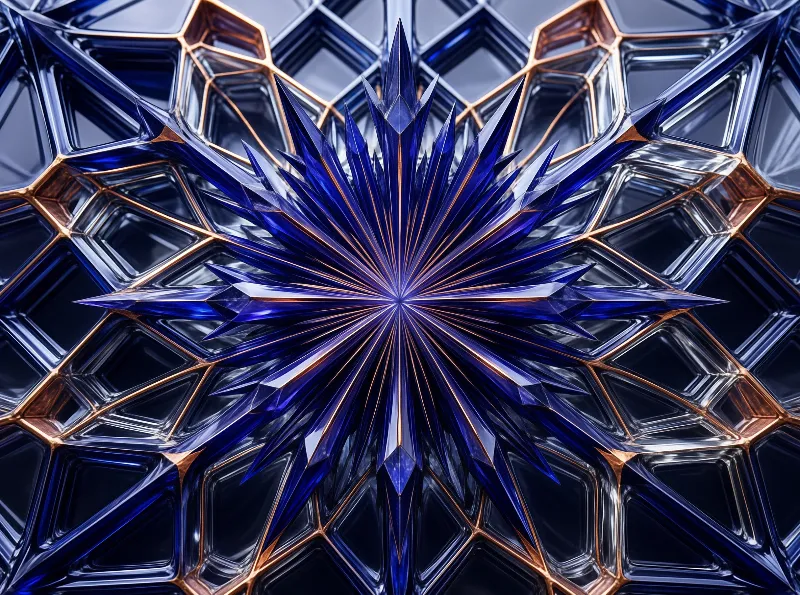Sharp blue glass shards radiate from a center, surrounded by a symmetrical lattice of reflective copper wire.