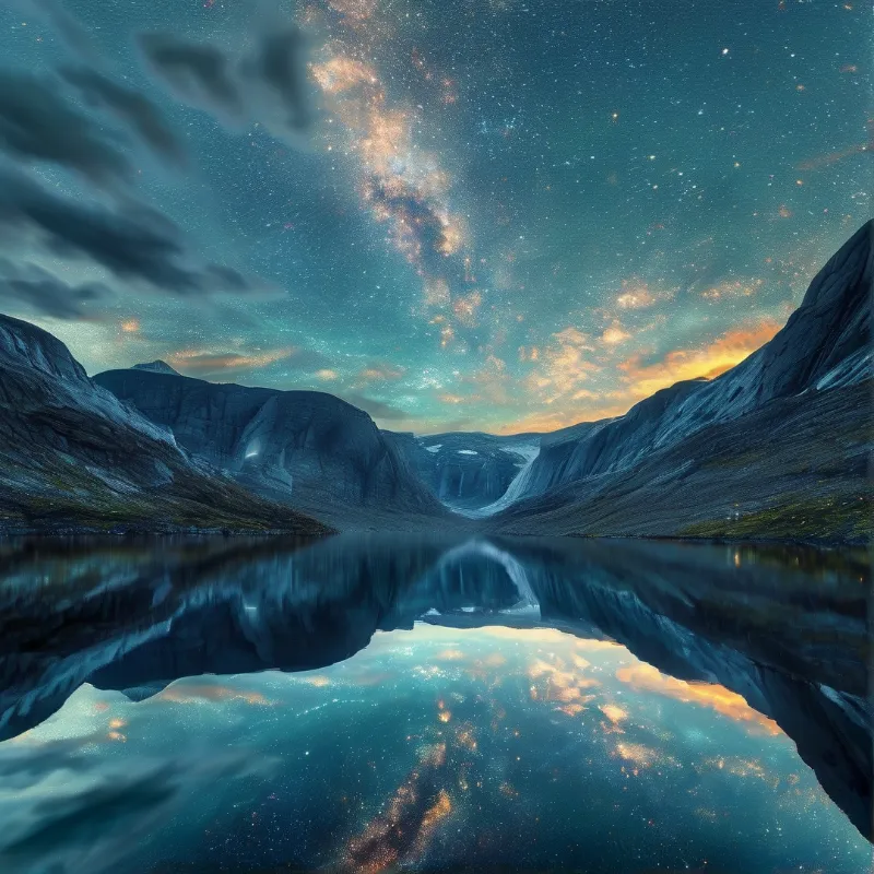 A calm lake mirrors the towering dark mountains and the brilliant Milky Way arching overhead.