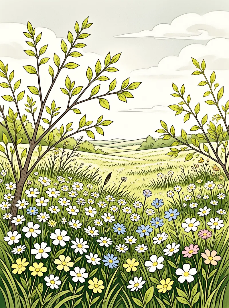 A bright meadow scene featuring scattered daisies in various colors surrounded by two leafy trees and soft clouds.