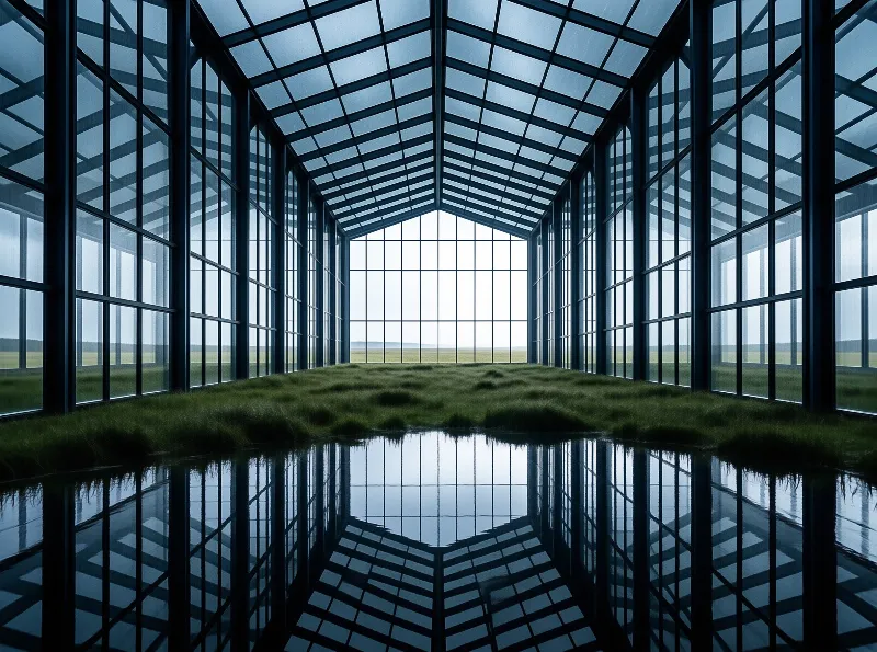 Inside a vast glass structure, a grassy floor meets a pool of water mirroring the steel grid ceiling and bright horizon.